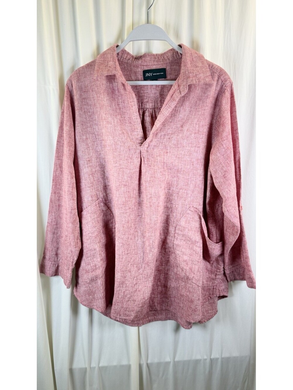 Jones & Co Jones New York Heather Red Linen Cotton Tunic Top Roll Tab Sleeve 1X